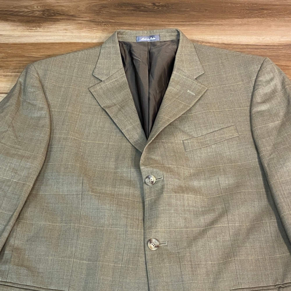 Oscar de la Renta Sport Coat Mens 44R Beige Glen Plaid Wool Blazer 3 Button